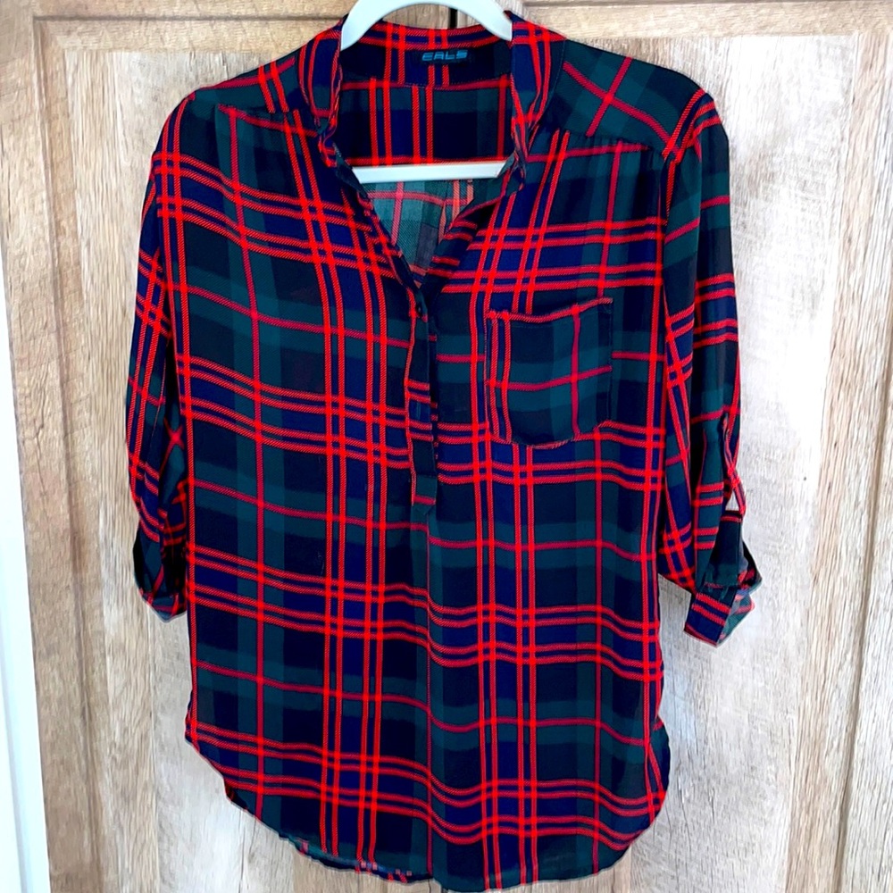 CALS small poly plaid V-neck blouse sleeves up or down festive